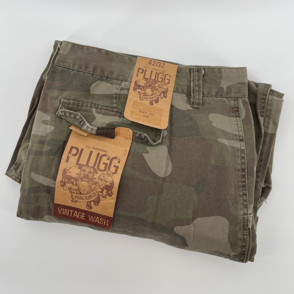 Plugg Mens Camo Cargo Pants 42x32 Green Camouflage Vintage Wash NEW